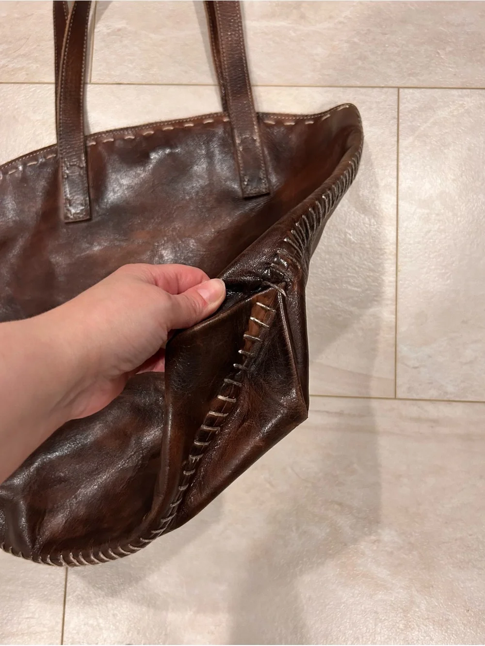 Bed Stu Distressed Brown Genuine Leather Tote Bag with Contrast stitch